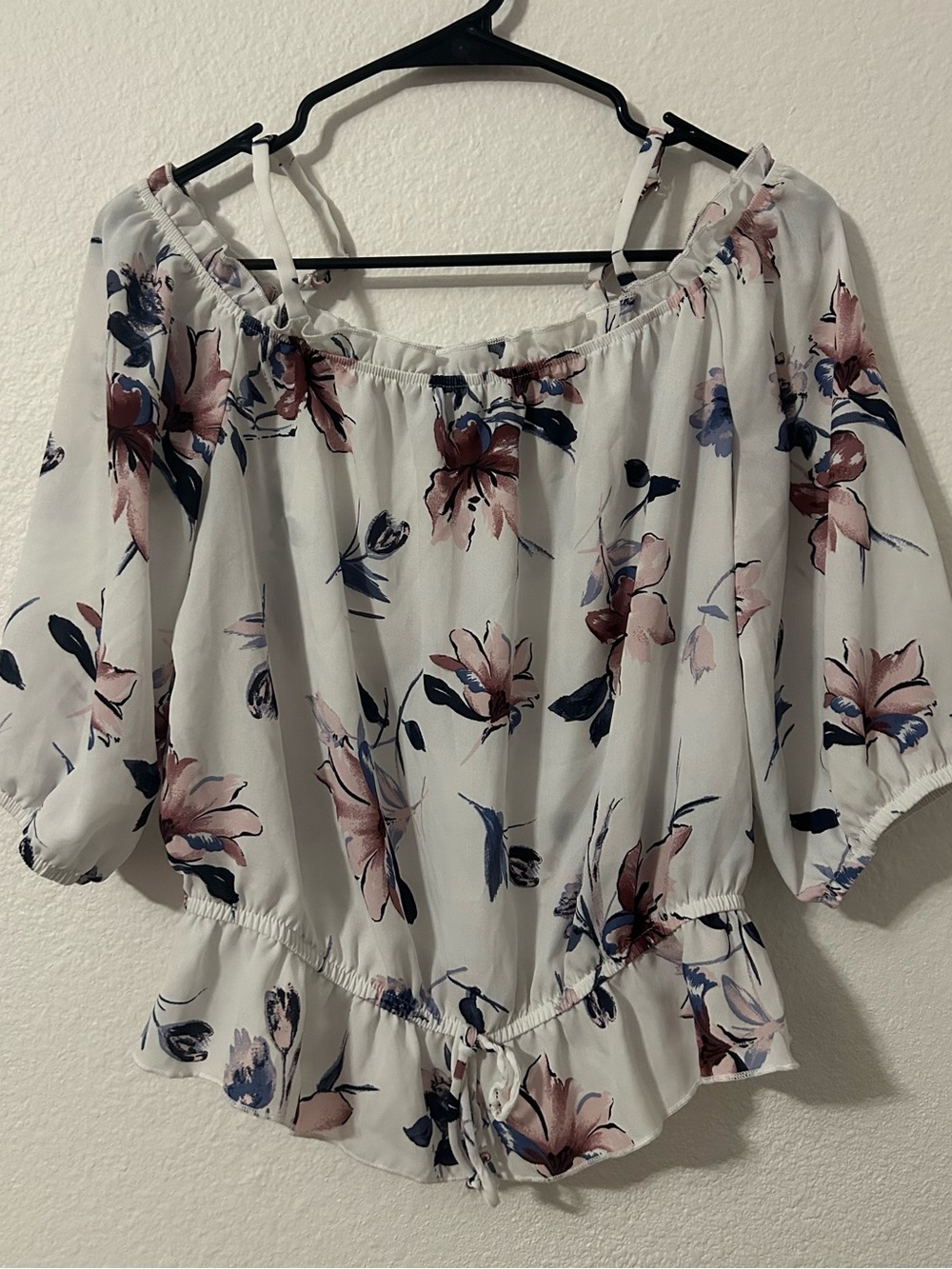 Floral Off-Shoulder Peasant Top - White with Pink & Blue Bloom